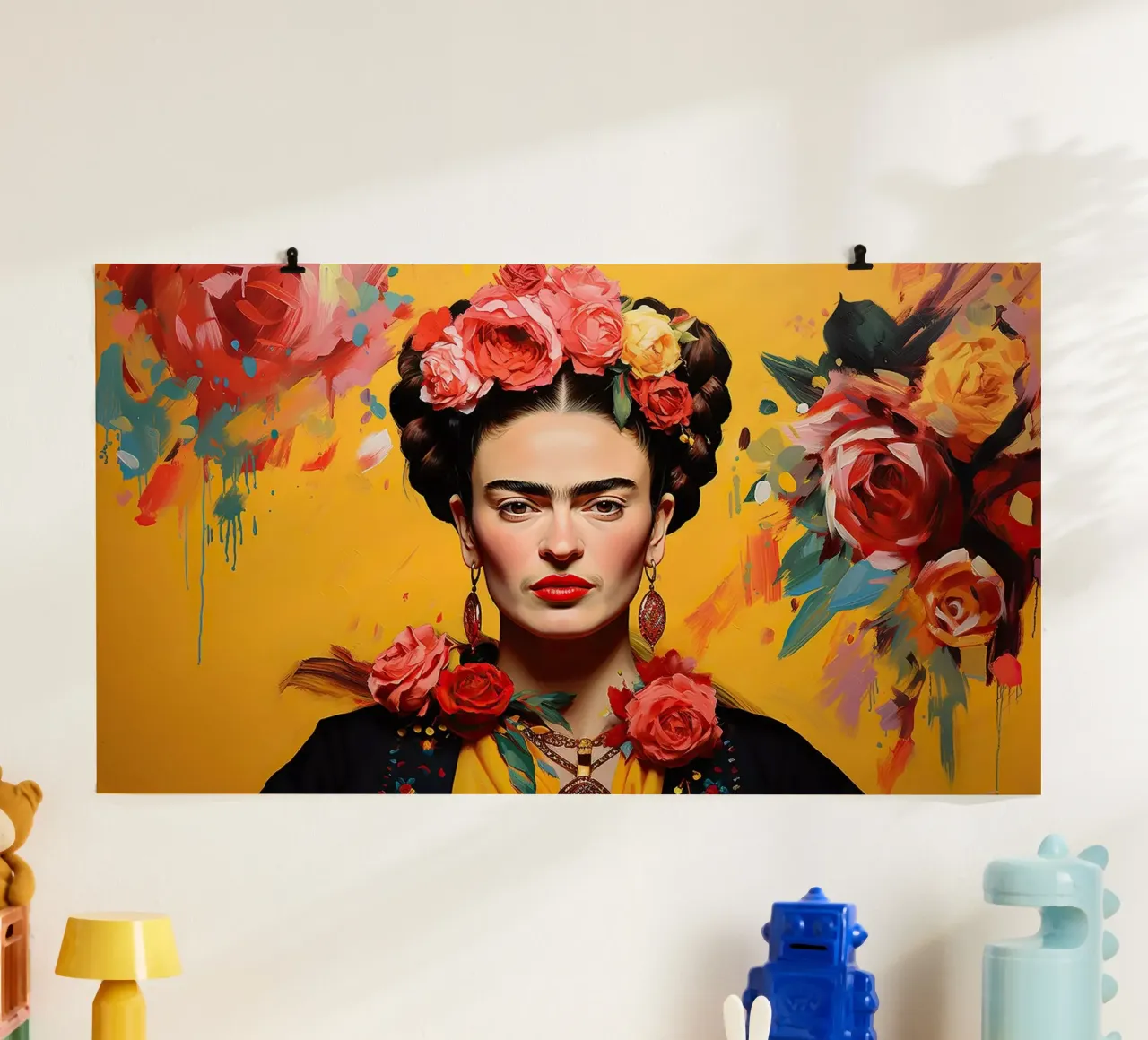 Frida Kahlo "Passion Unleashed" poster with wooden frame by Fantasias Florales