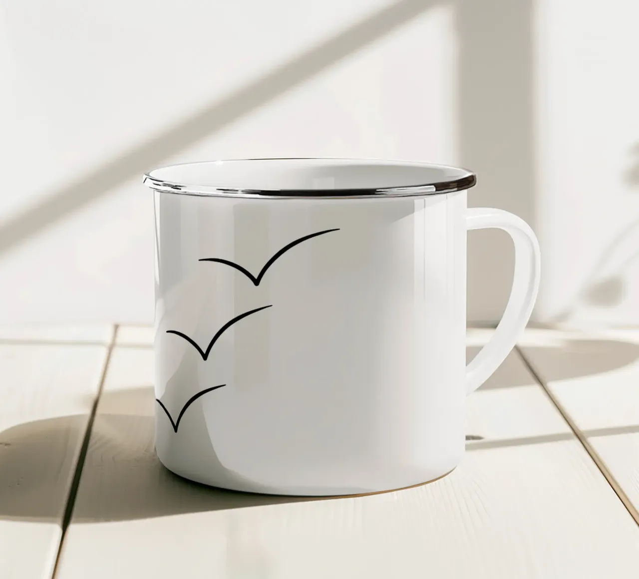 Lijn Art Zeemeeuwen over de Zee Minimalistische Vogelafbeelding emaille mok van Bold & Simple