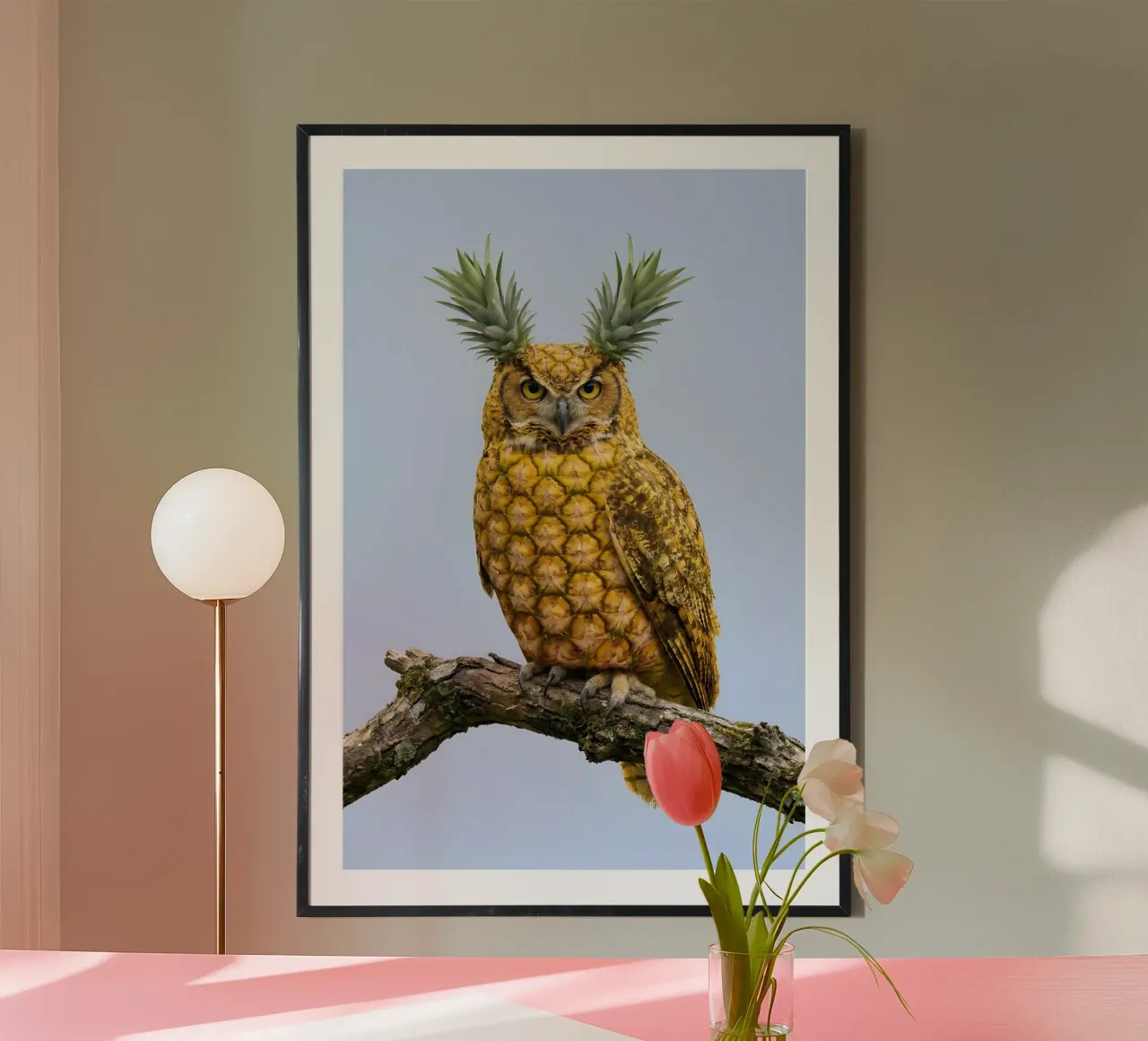 Pineapple Owl Art – Whimsical Tropical Bird Creative Print Poster von Fruit Fusion Creatures