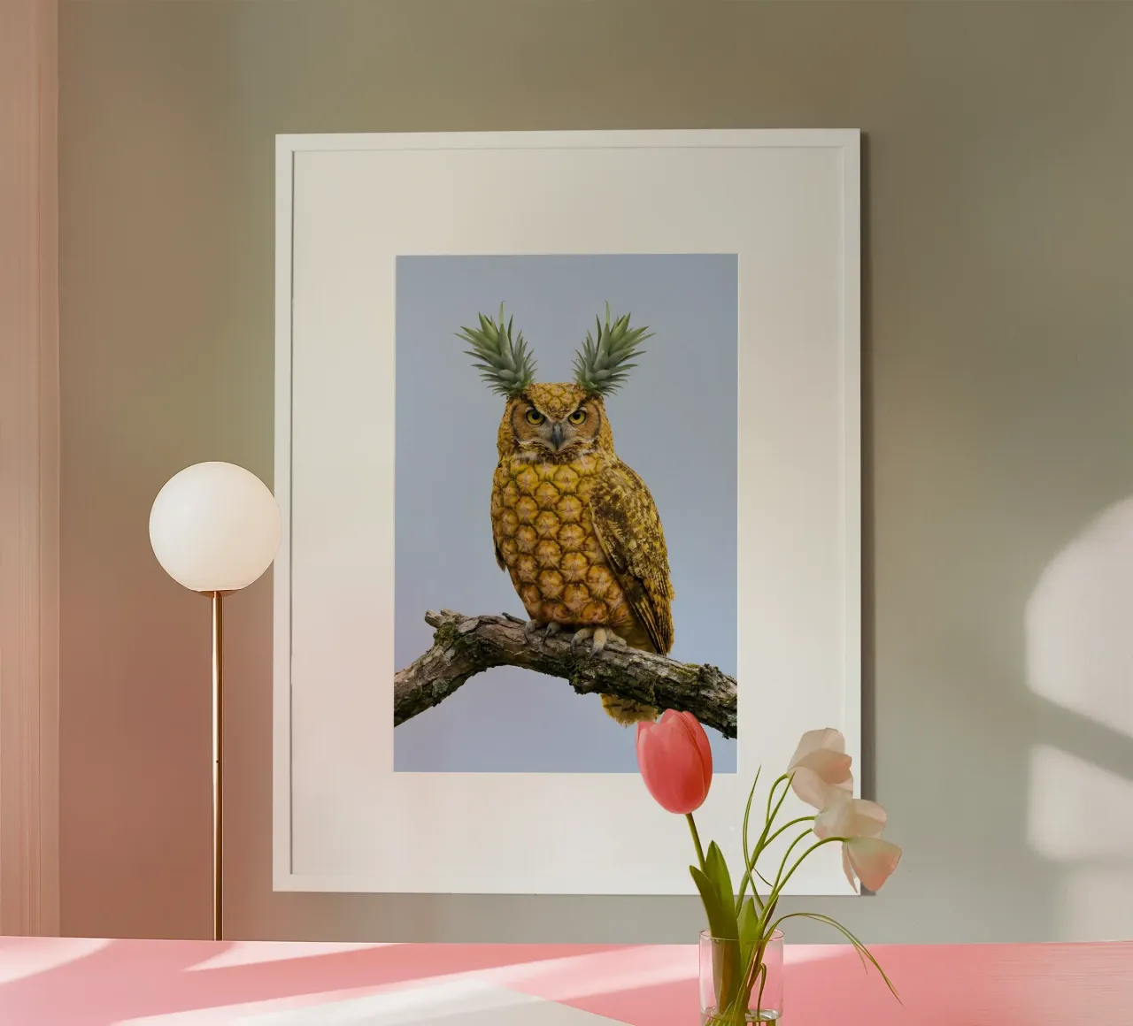Pineapple Owl Art – Whimsical Tropical Bird Creative Print Poster von Fruit Fusion Creatures