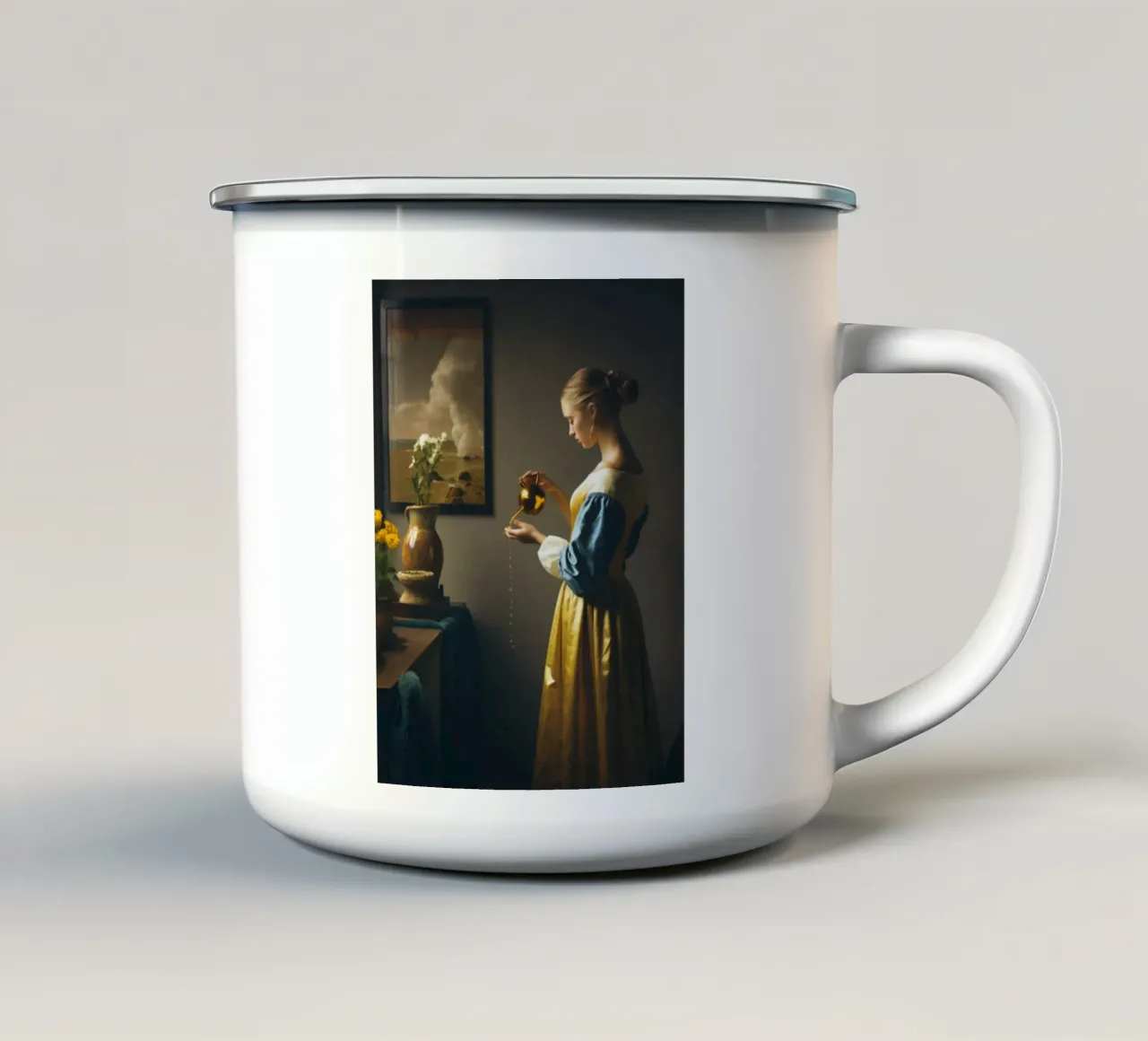 giovane donna con una brocca d'acqua tazza in smalto da The Dinda