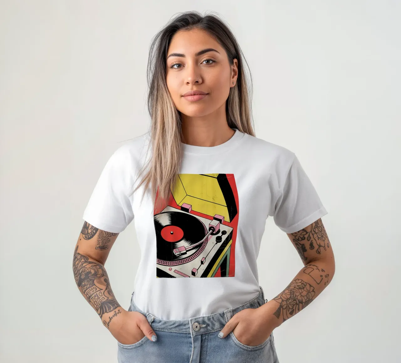 Giradischi retrò in stile pop art colorato t-shirt da Plain Thoughts