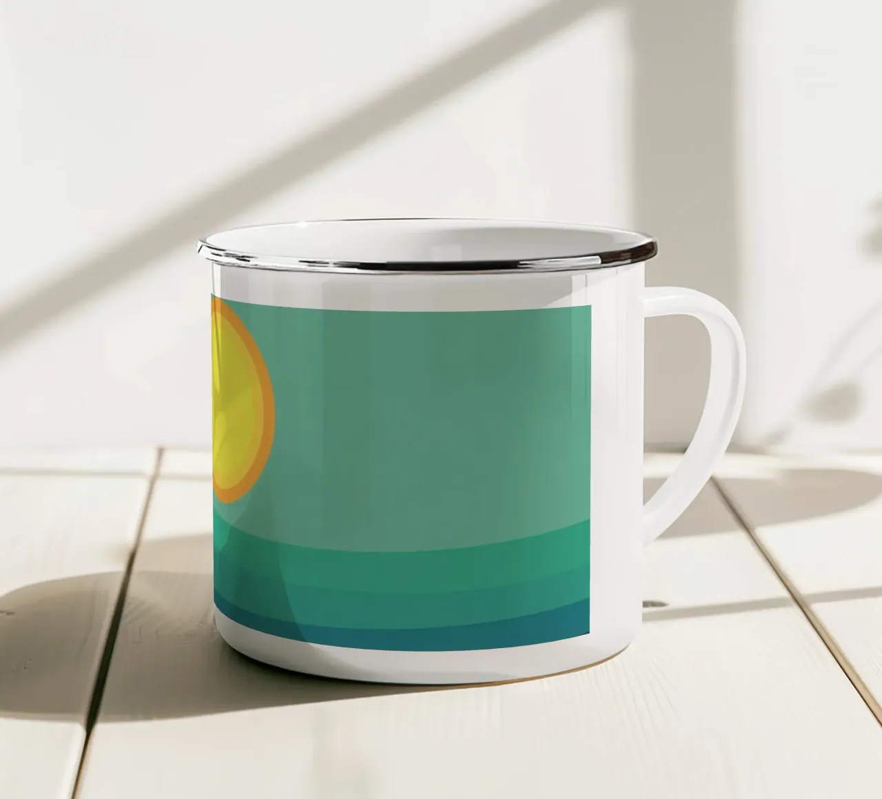 Blauwgroene horizon - Abstract geometrisch landschap emaille mok van Petra Lang - Design
