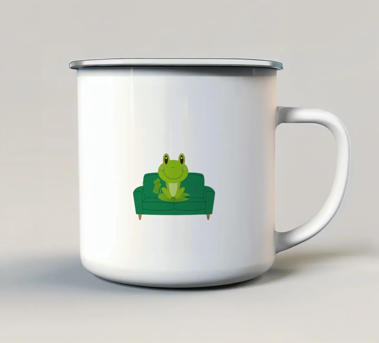 Rana felice sul divano verde tazza in smalto da The Little Animals Club