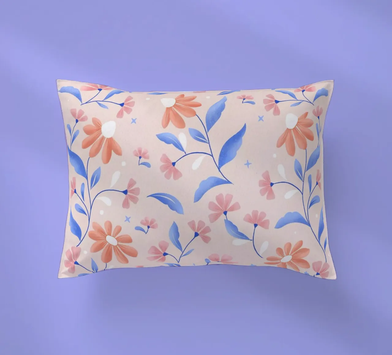 Spring floral pattern in peach colour with contrasting blue decorative cushion by CalliLetters