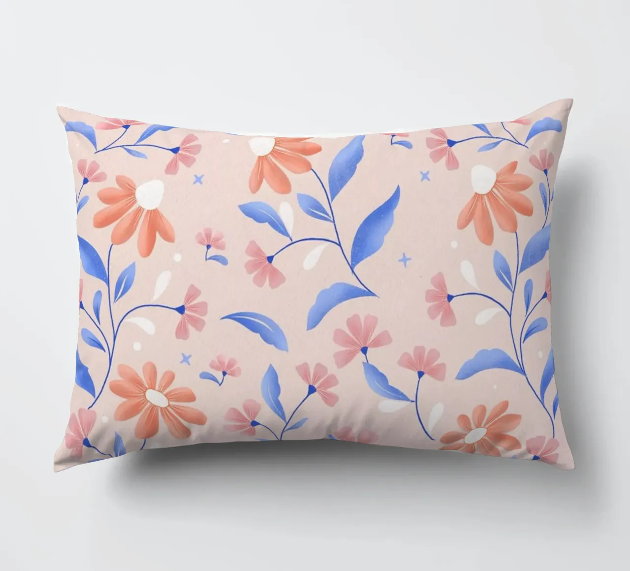 Spring floral pattern in peach colour with contrasting blue decorative cushion by CalliLetters