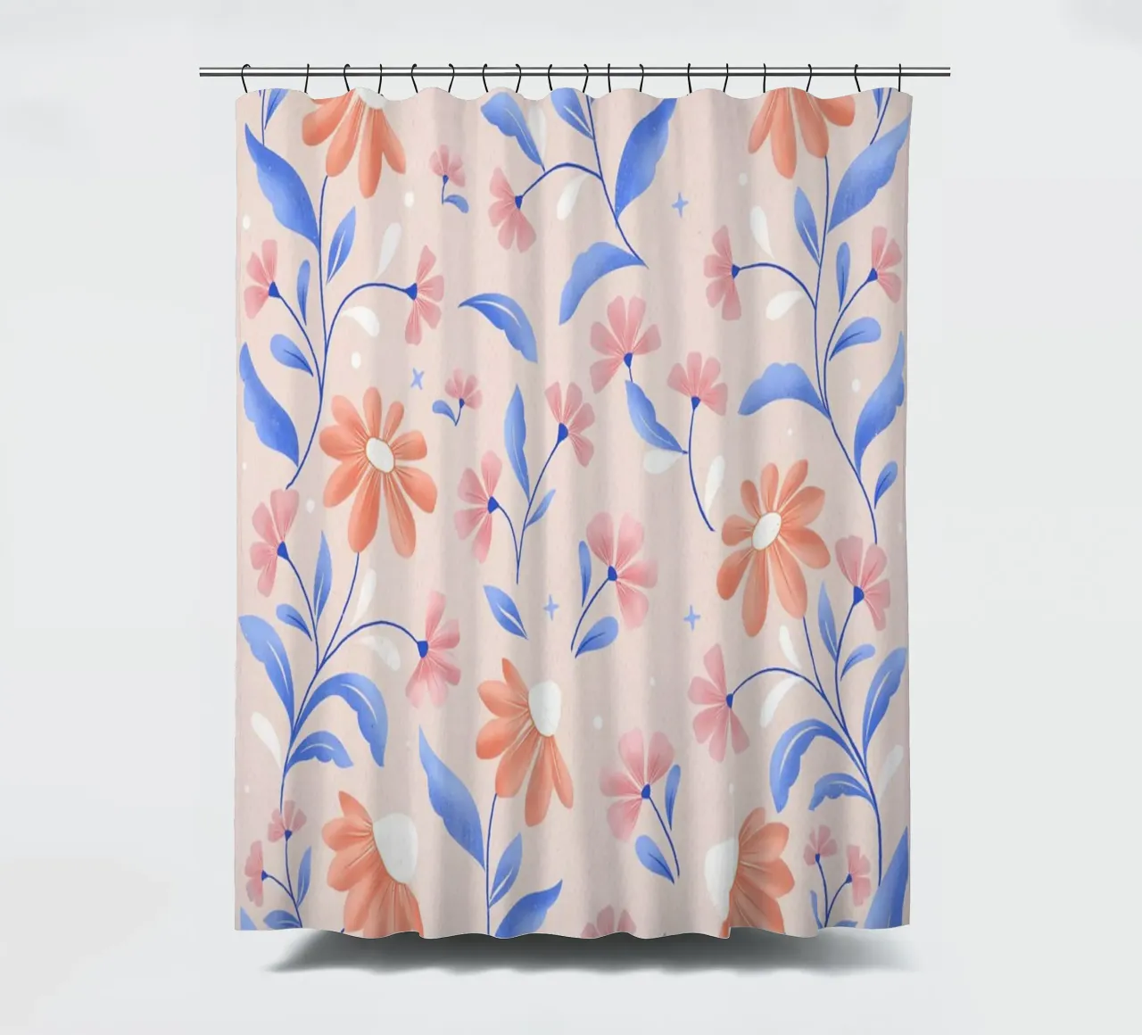Gebloemd lentepatroon in perzikkleur met contrasterend blauw douchegordijn van CalliLetters
