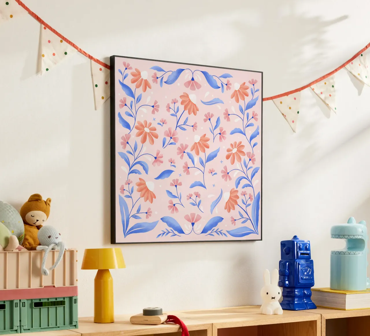 Spring floral pattern in peach colour with contrasting blue alu-dibond by CalliLetters