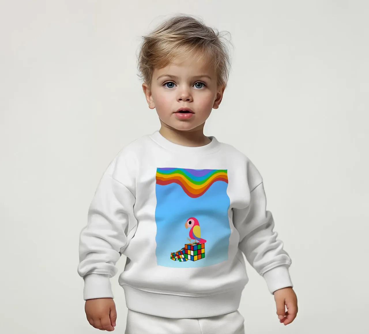Parrot on the Rainbow Cubes baby sweatshirt by The Little Animals Club