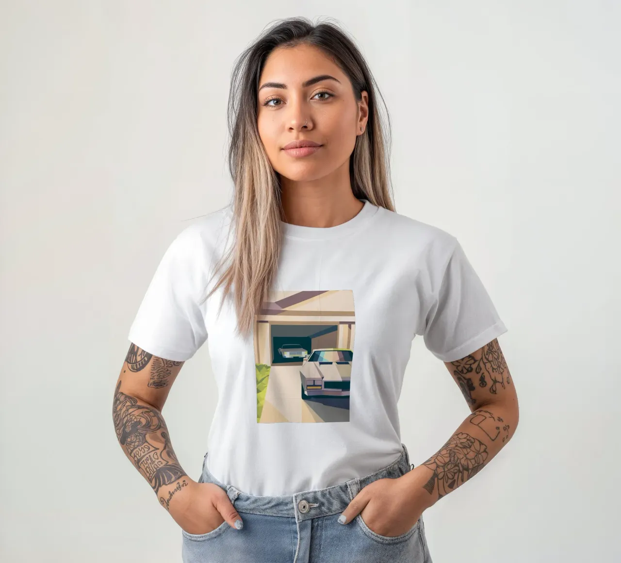 Due auto in un garage con stile geometrico t-shirt da POLYGON SPECIAL