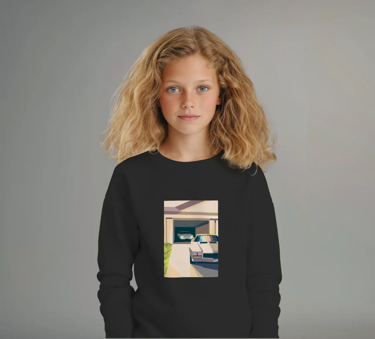 Due auto in un garage con stile geometrico felpa bambino da POLYGON SPECIAL