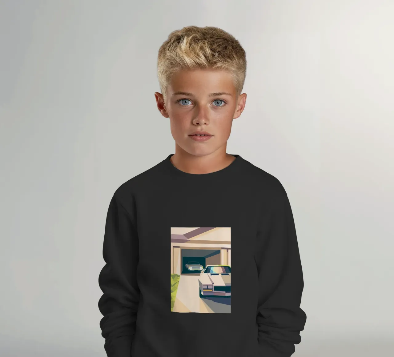 Due auto in un garage con stile geometrico felpa bambino da POLYGON SPECIAL