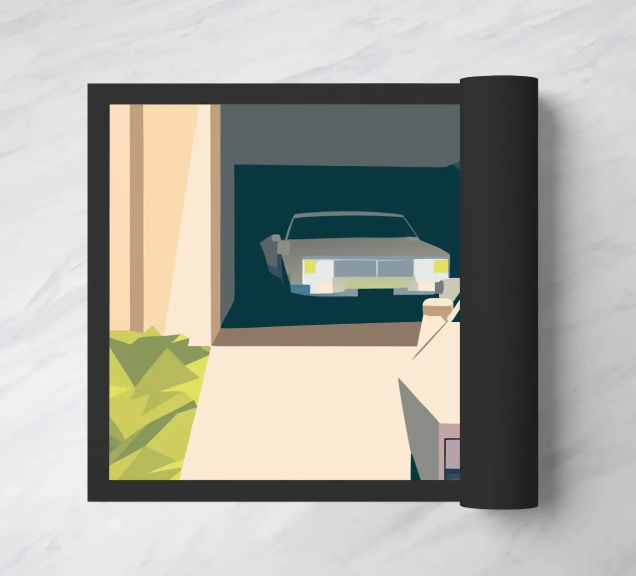 Zwei Autos in einer Garage mit geometrischem Stil Fußmatte von POLYGON SPECIAL