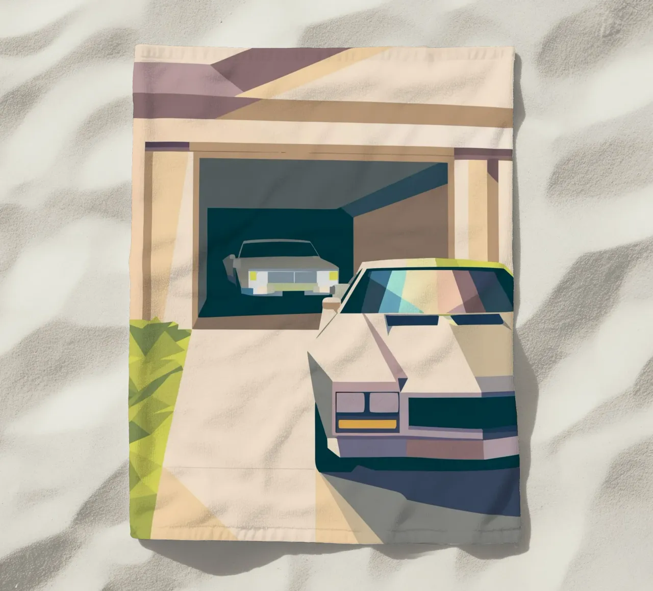 Due auto in un garage con stile geometrico telo mare da POLYGON SPECIAL