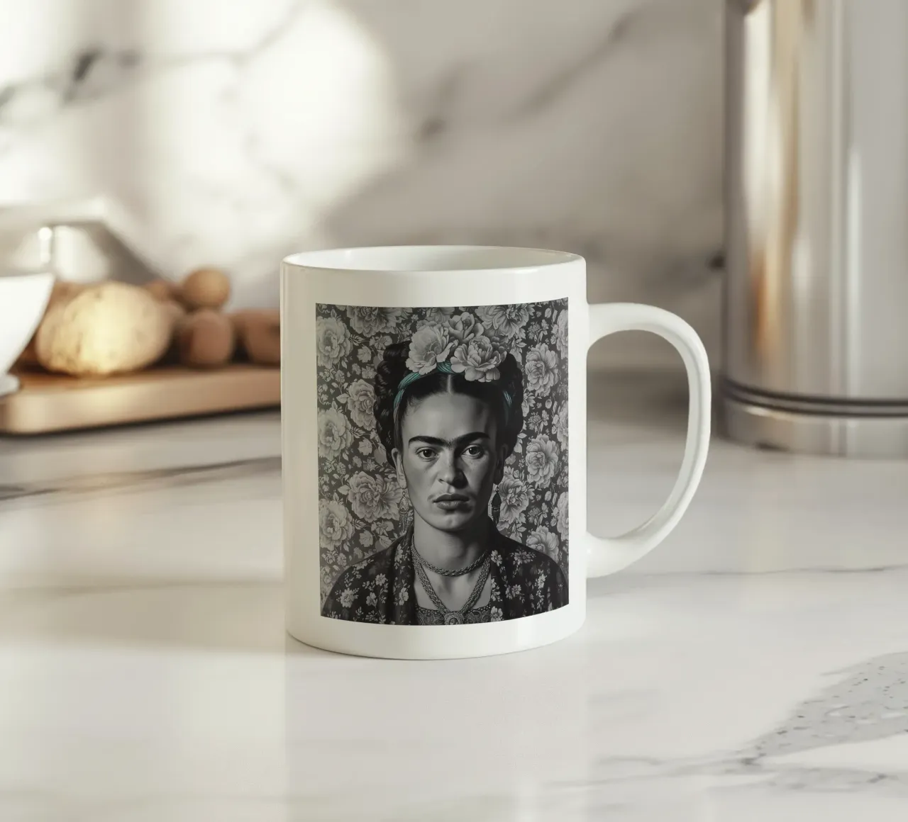 Frida Kahlo "Timeless Spirit" ceramic mug by Fantasias Florales