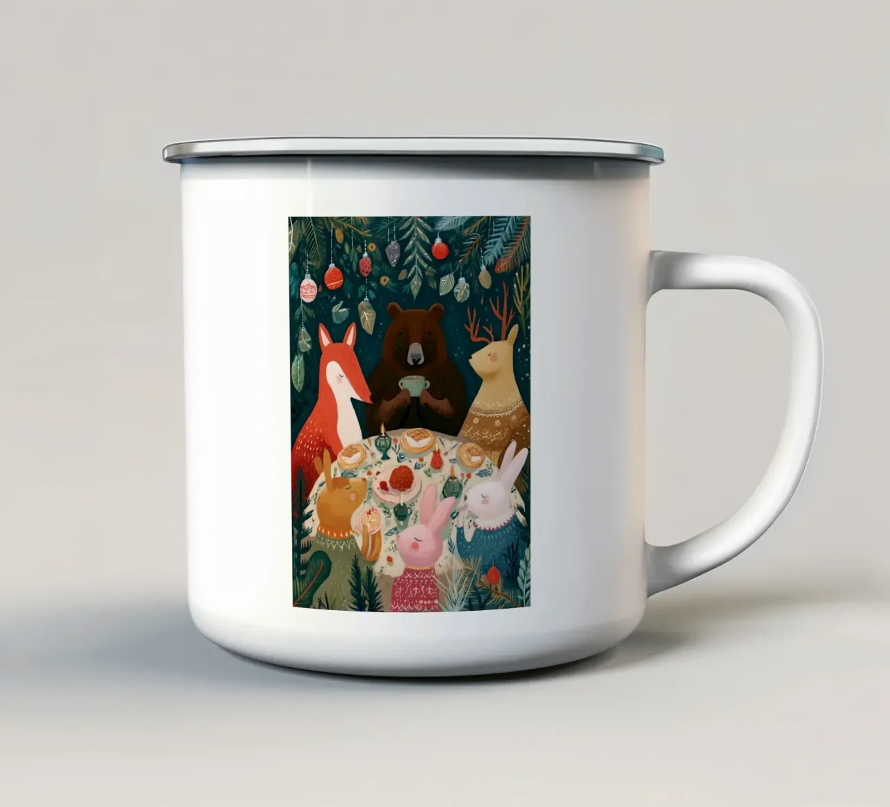 Stravagante scena di Natale con volpe, orso, cervo e coniglio tazza in smalto da Holiday Hearth Prints