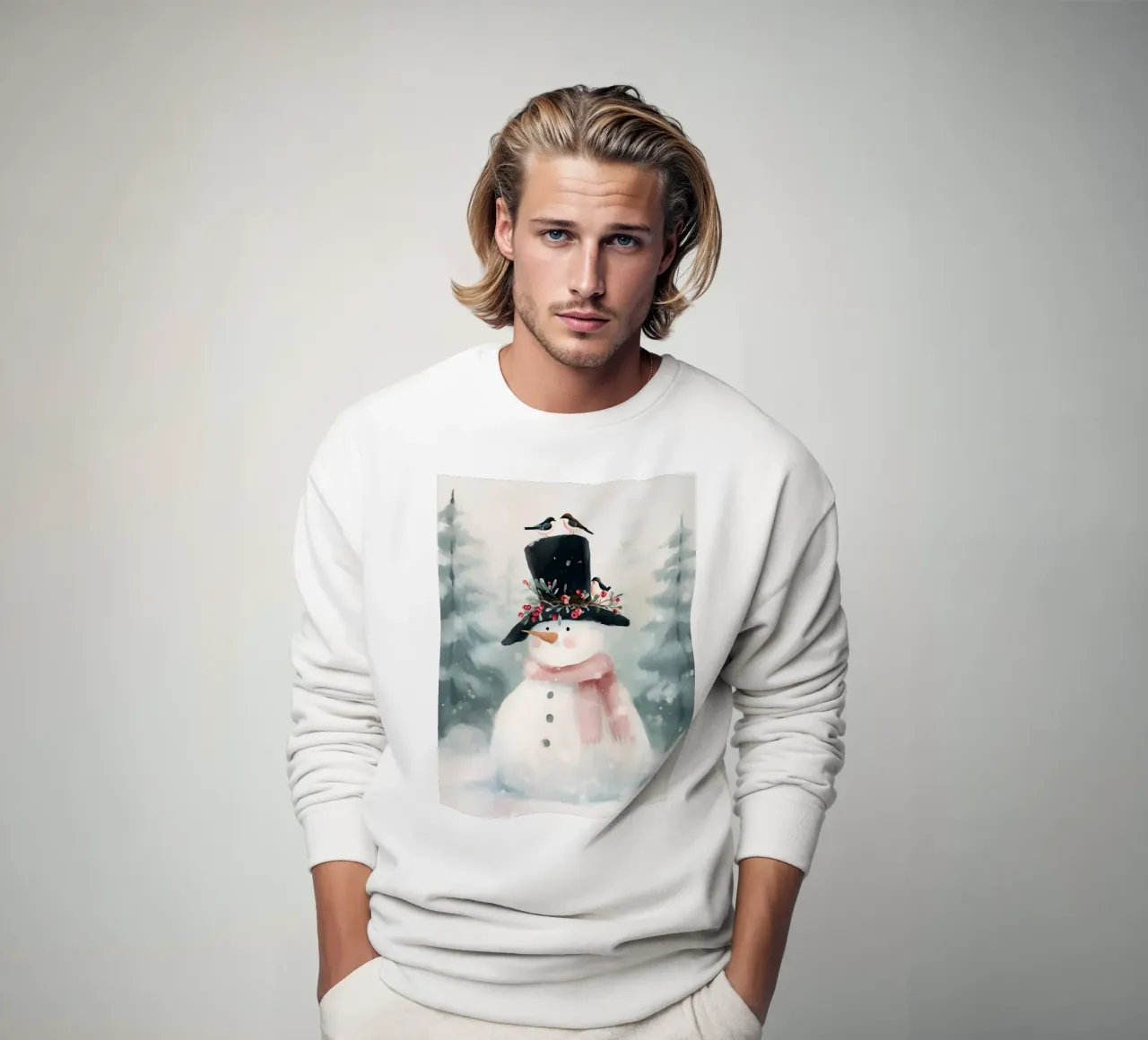 Tranquilla scena invernale con pupazzo di neve e uccellini felpa da Holiday Hearth Prints