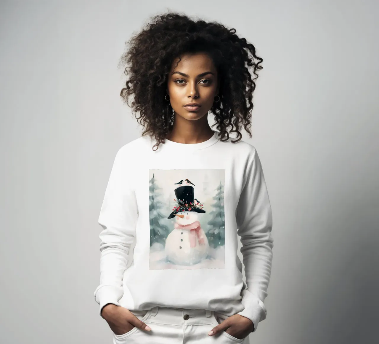 Tranquilla scena invernale con pupazzo di neve e uccellini felpa da Holiday Hearth Prints