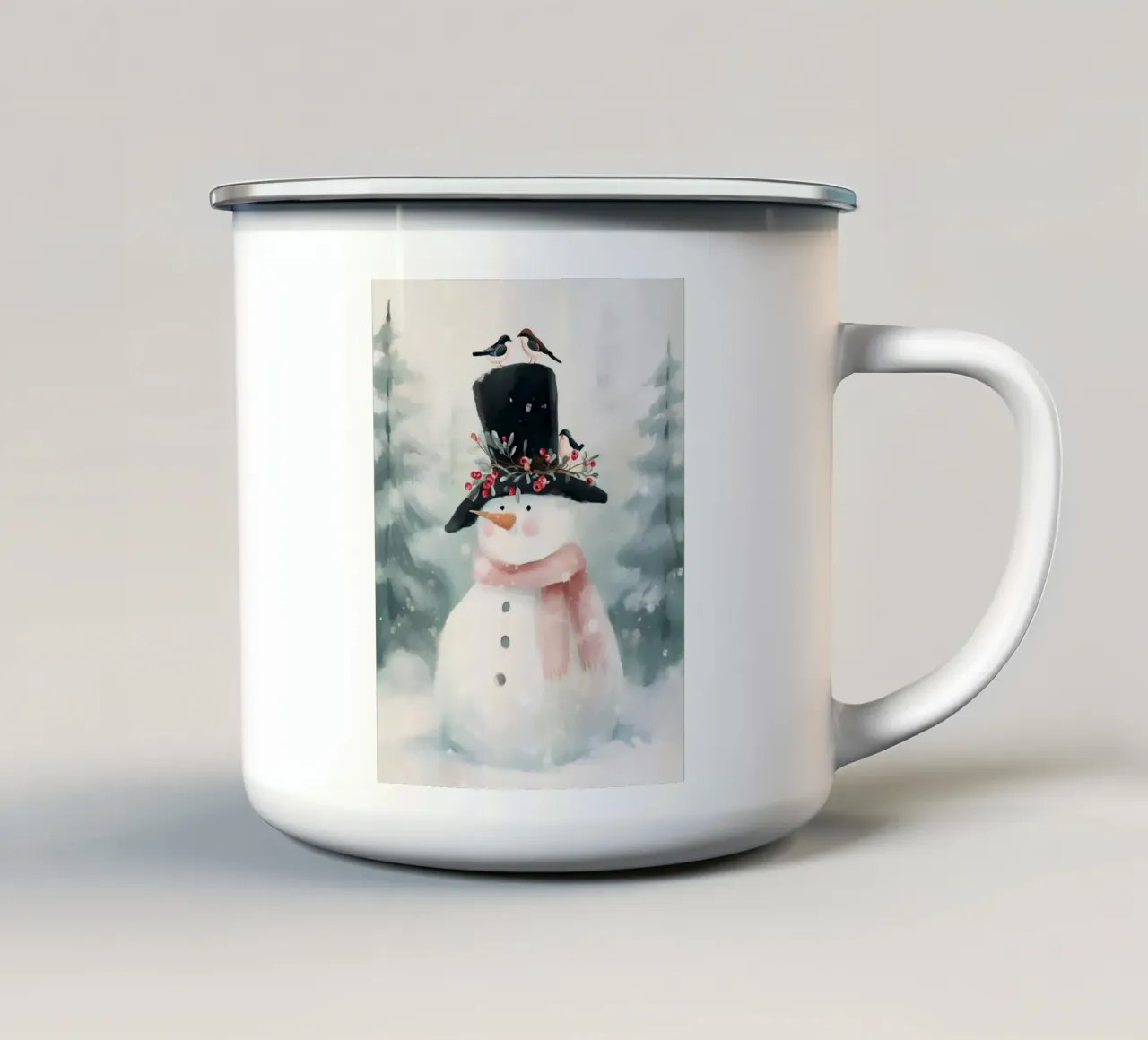 Tranquilla scena invernale con pupazzo di neve e uccellini tazza in smalto da Holiday Hearth Prints