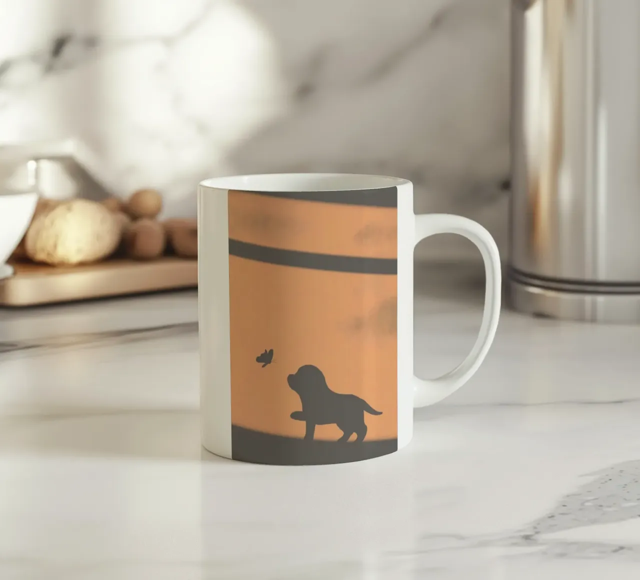 mischievous dog and butterfly tazza in ceramica da scoten