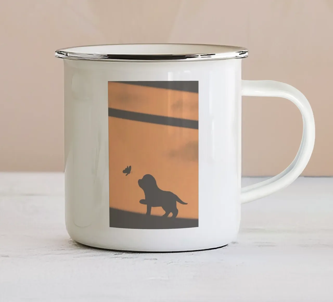 mischievous dog and butterfly tazza in smalto da scoten