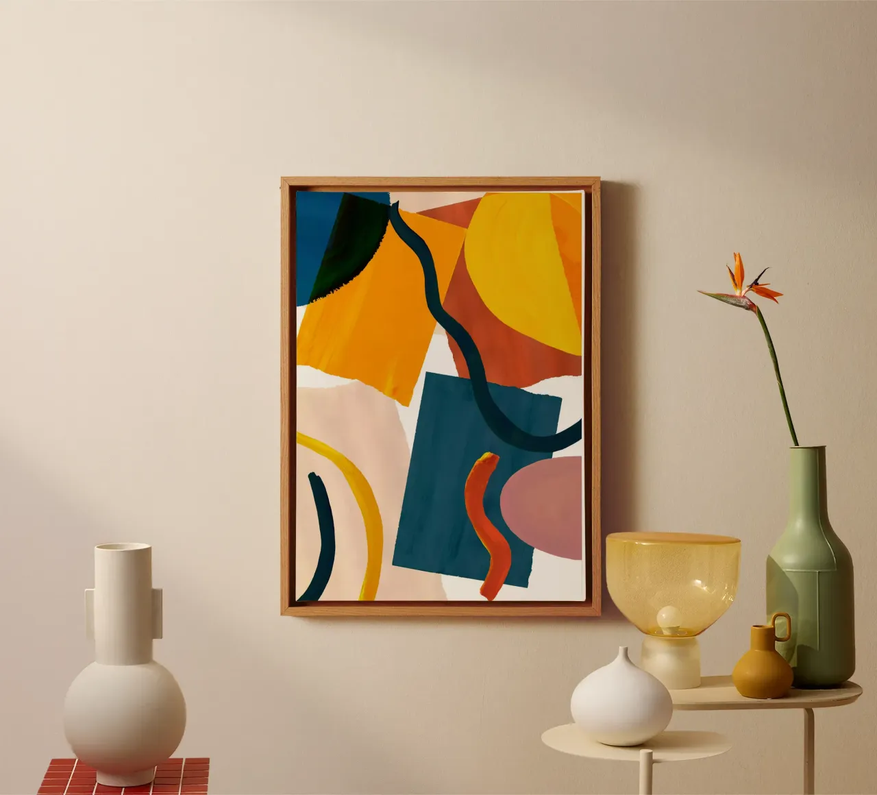 Überdimensionaler abstrakter Retro-Kunstdruck Leinwand mit Schattenfugenrahmen von Violets Print House