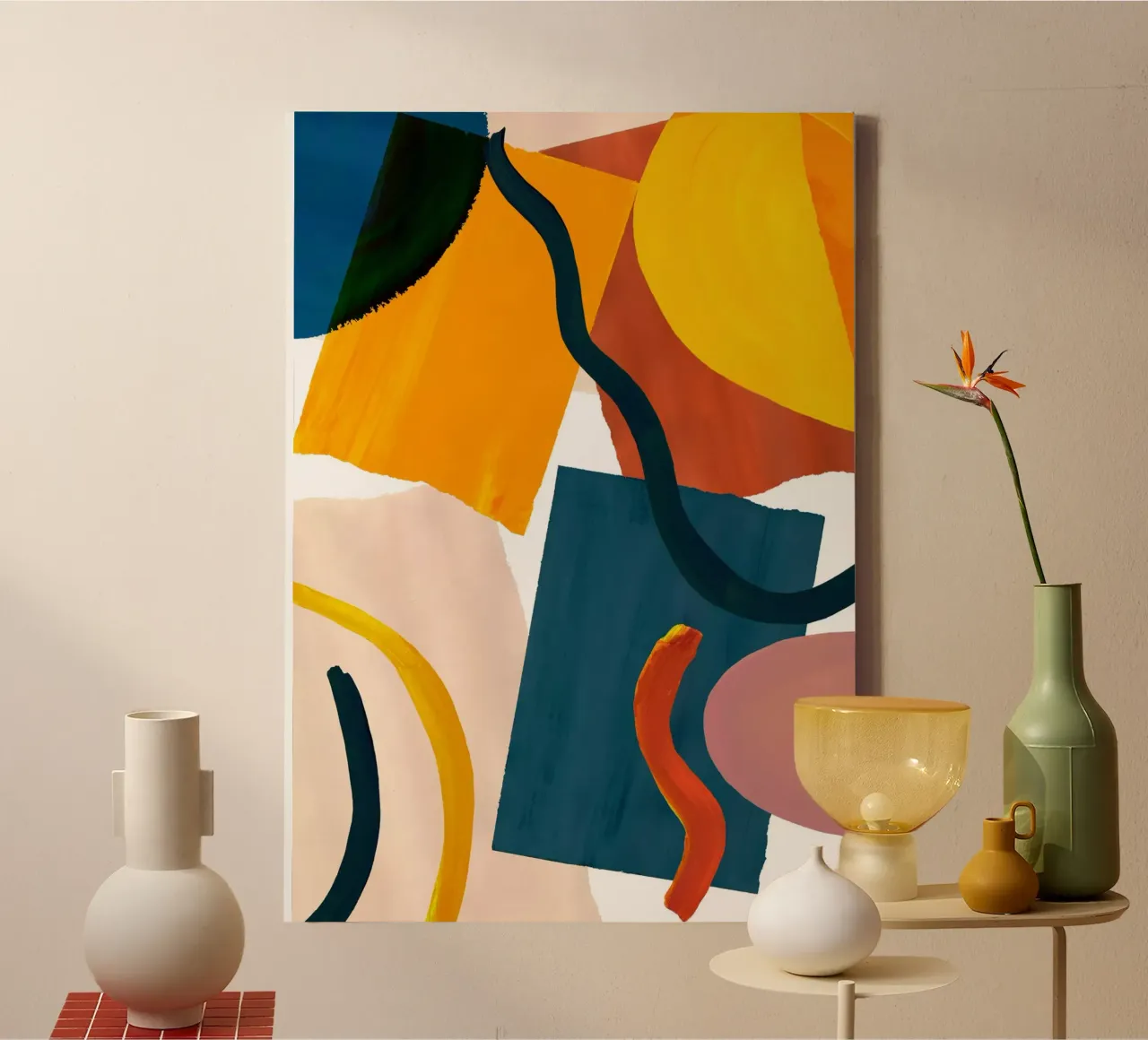 Überdimensionaler abstrakter Retro-Kunstdruck Leinwand mit Schattenfugenrahmen von Violets Print House