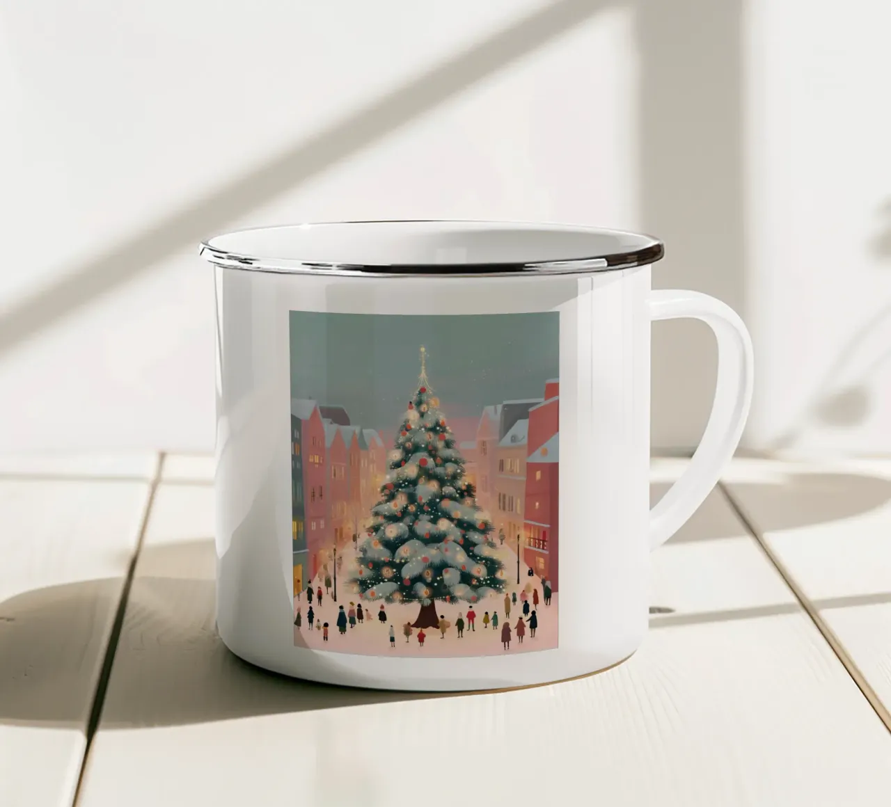Incantevole scena invernale con l'albero di Natale di una città luminosa tazza in smalto da Holiday Hearth Prints