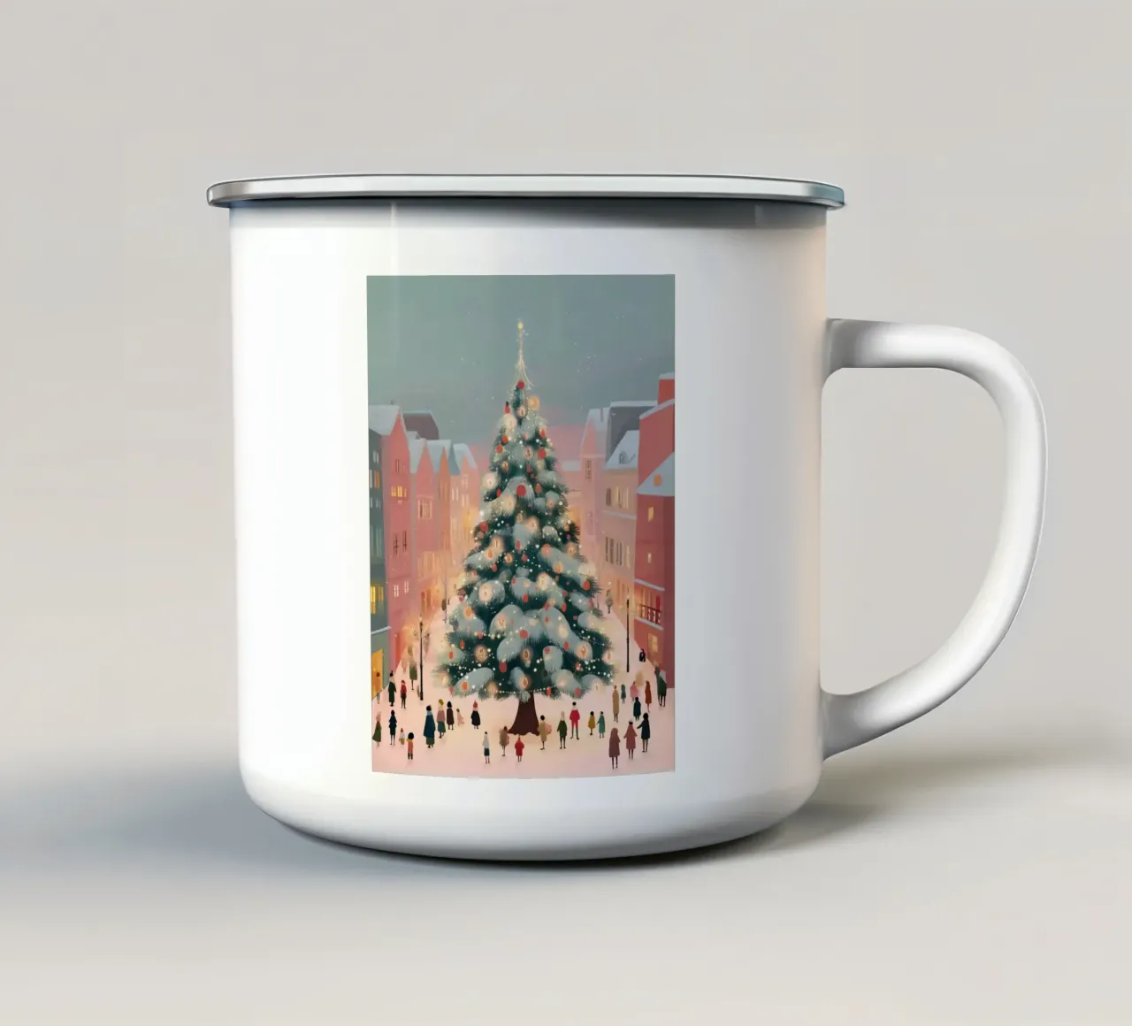 Incantevole scena invernale con l'albero di Natale di una città luminosa tazza in smalto da Holiday Hearth Prints
