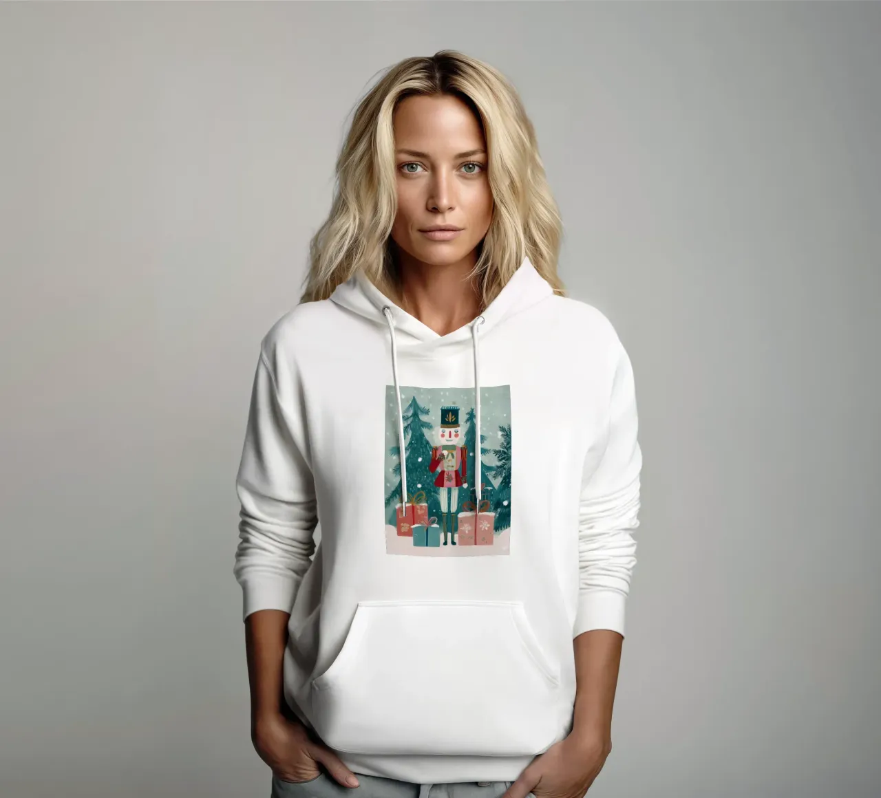 Schiaccianoci in piedi tra i regali in una foresta innevata felpa con cappuccio da Holiday Hearth Prints