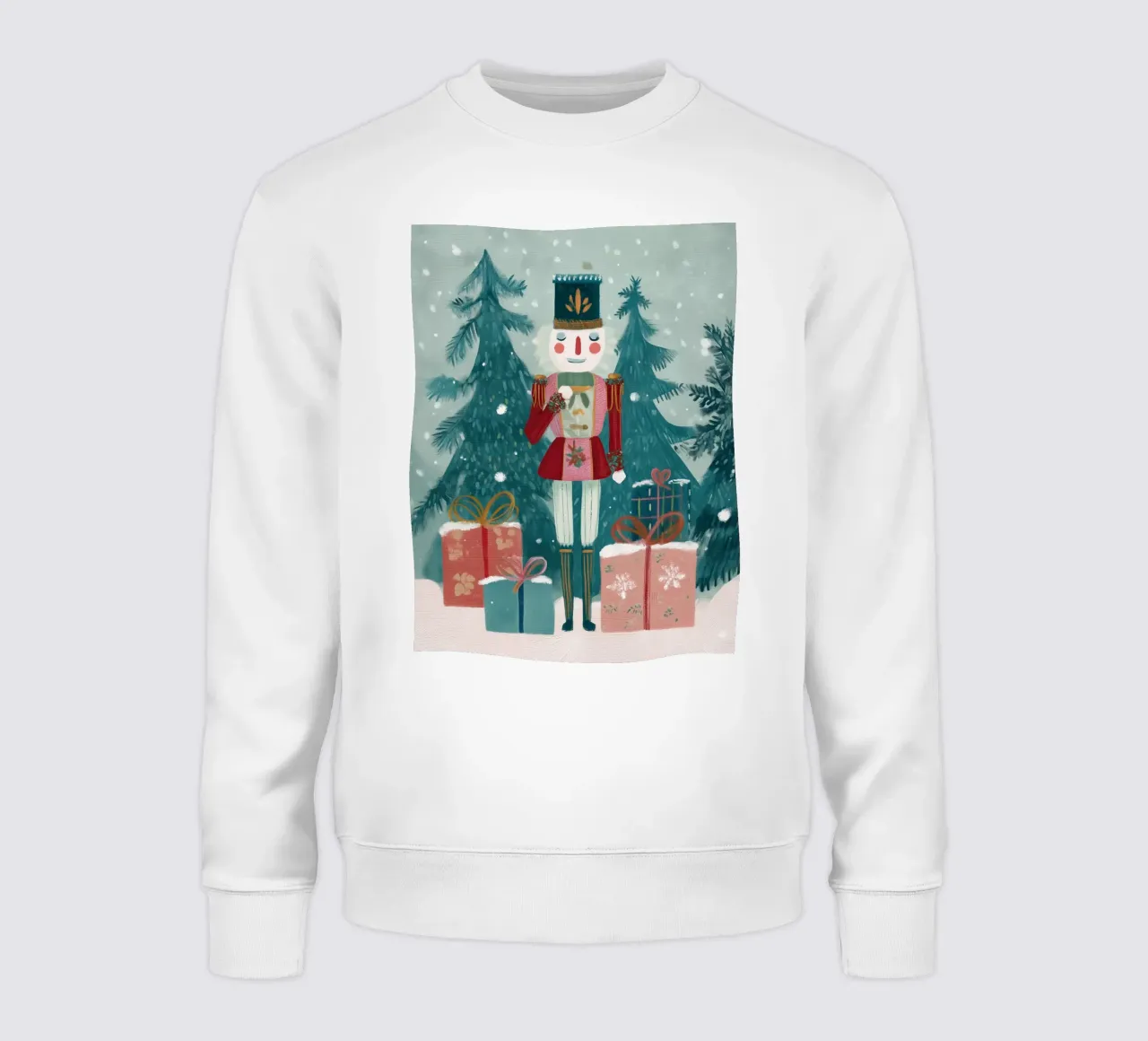 Schiaccianoci in piedi tra i regali in una foresta innevata felpa da Holiday Hearth Prints