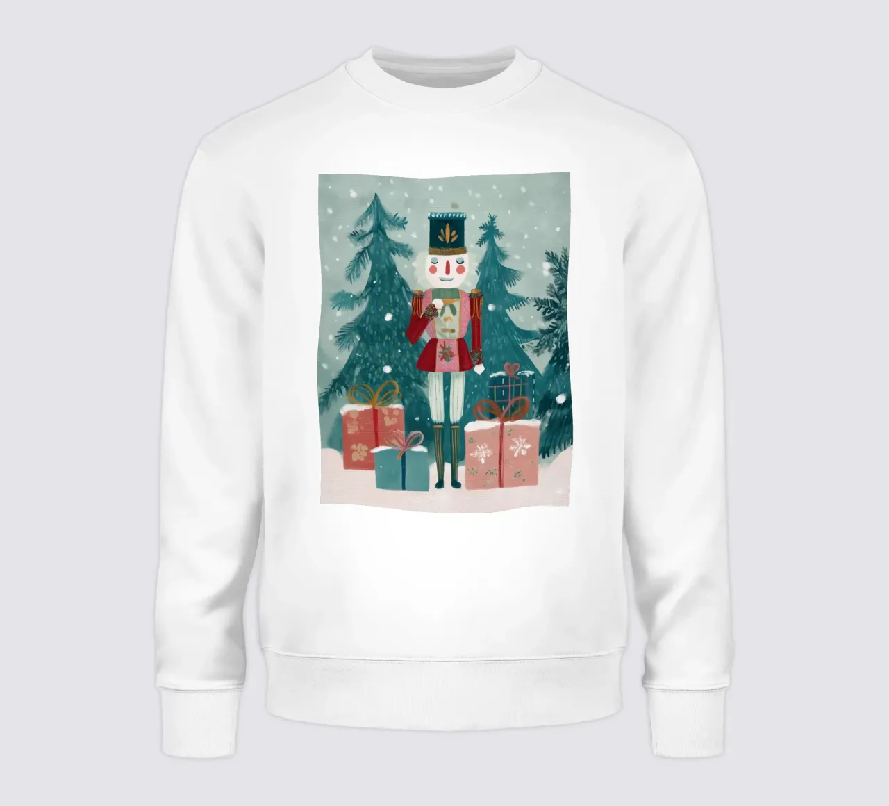 Schiaccianoci in piedi tra i regali in una foresta innevata felpa da Holiday Hearth Prints