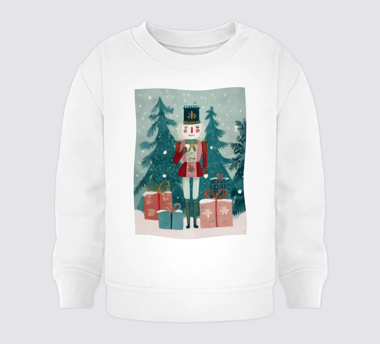 Schiaccianoci in piedi tra i regali in una foresta innevata felpa neonato da Holiday Hearth Prints