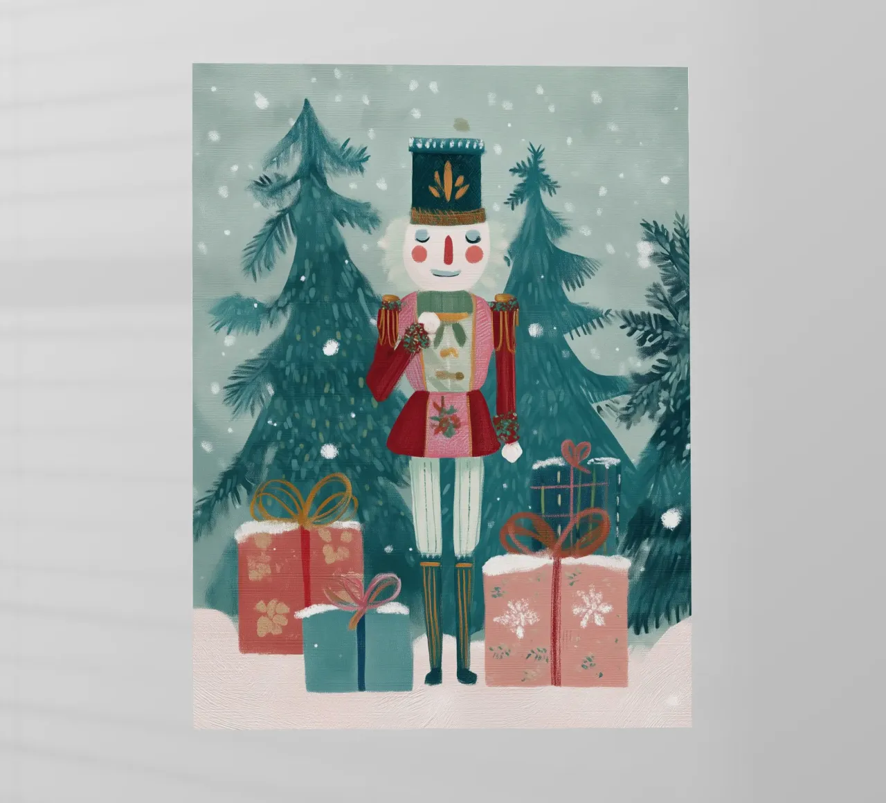 Schiaccianoci in piedi tra i regali in una foresta innevata pellicola backlit da Holiday Hearth Prints