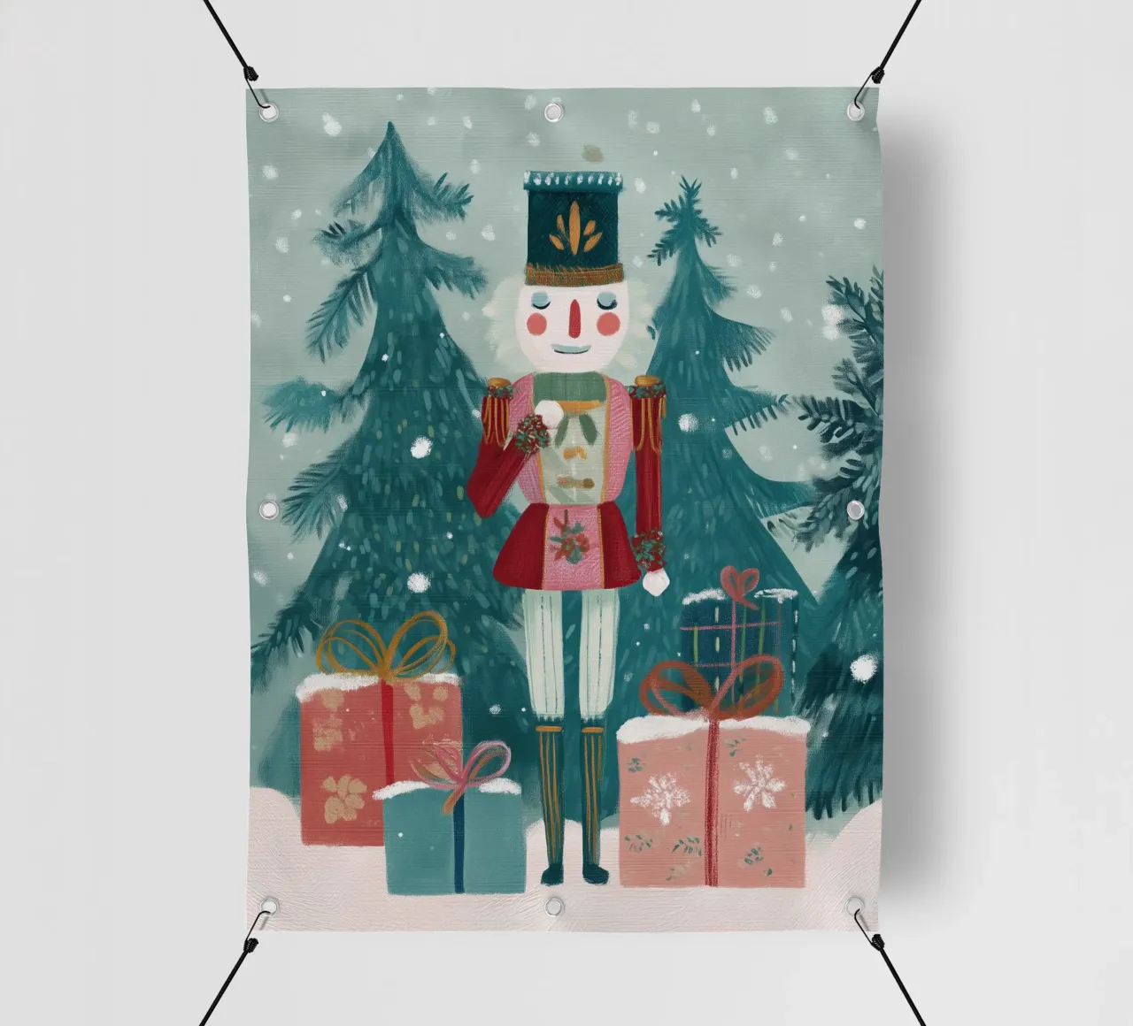 Schiaccianoci in piedi tra i regali in una foresta innevata telo in pvc da Holiday Hearth Prints