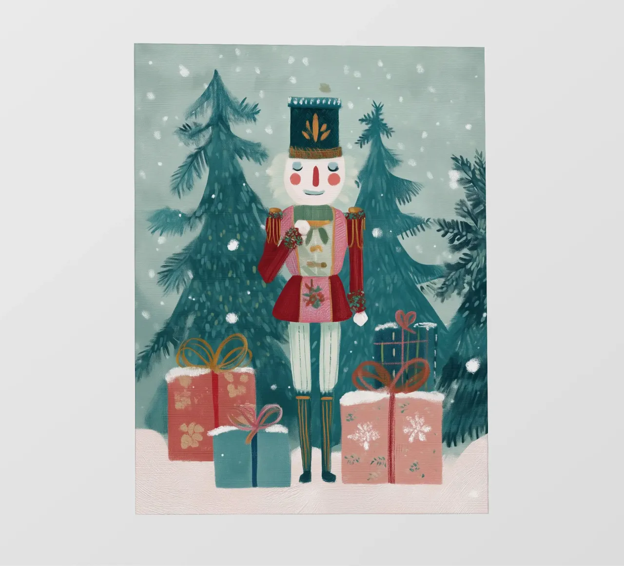 Schiaccianoci in piedi tra i regali in una foresta innevata telo in pvc da Holiday Hearth Prints