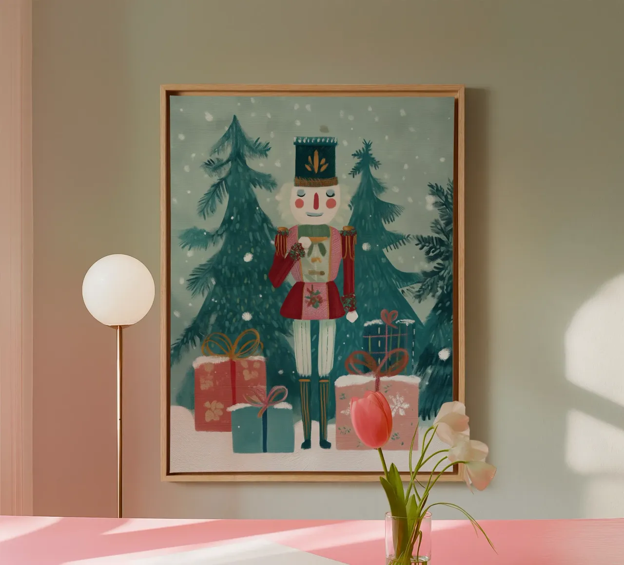 Festive Nutcracker Standing Among Gifts in a Snowy Forest canvas by Holiday Hearth Prints
