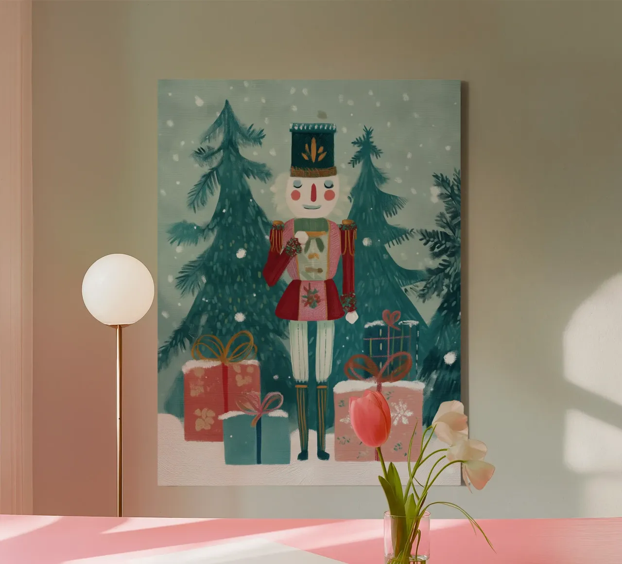 Festive Nutcracker Standing Among Gifts in a Snowy Forest canvas by Holiday Hearth Prints