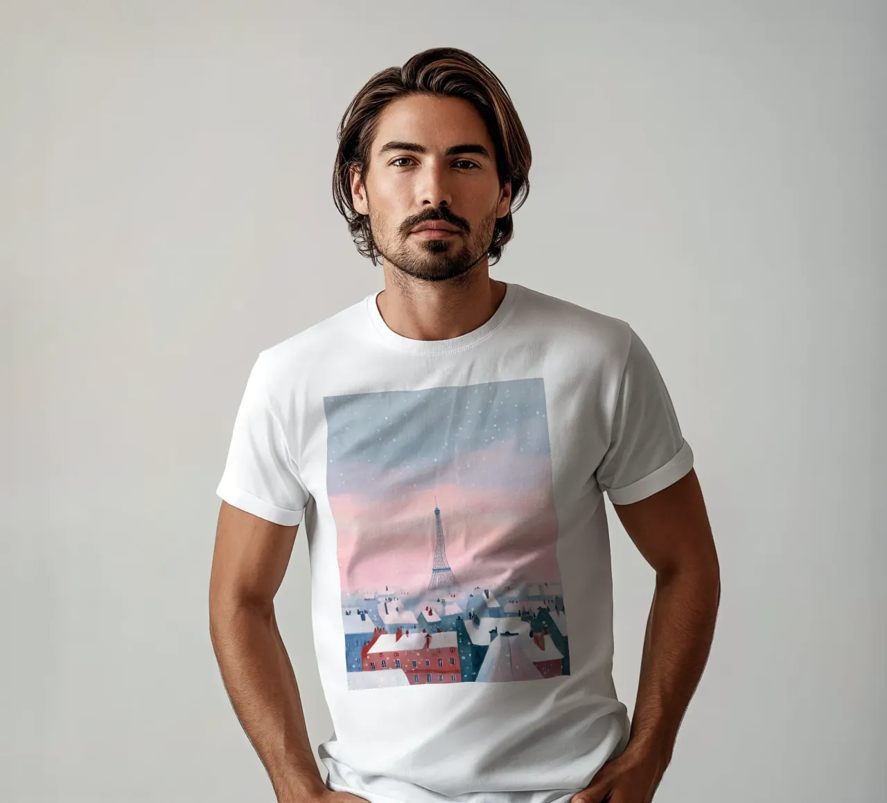 L'inverno a Parigi I tetti innevati e il bagliore della Torre Eiffel t-shirt da Holiday Hearth Prints