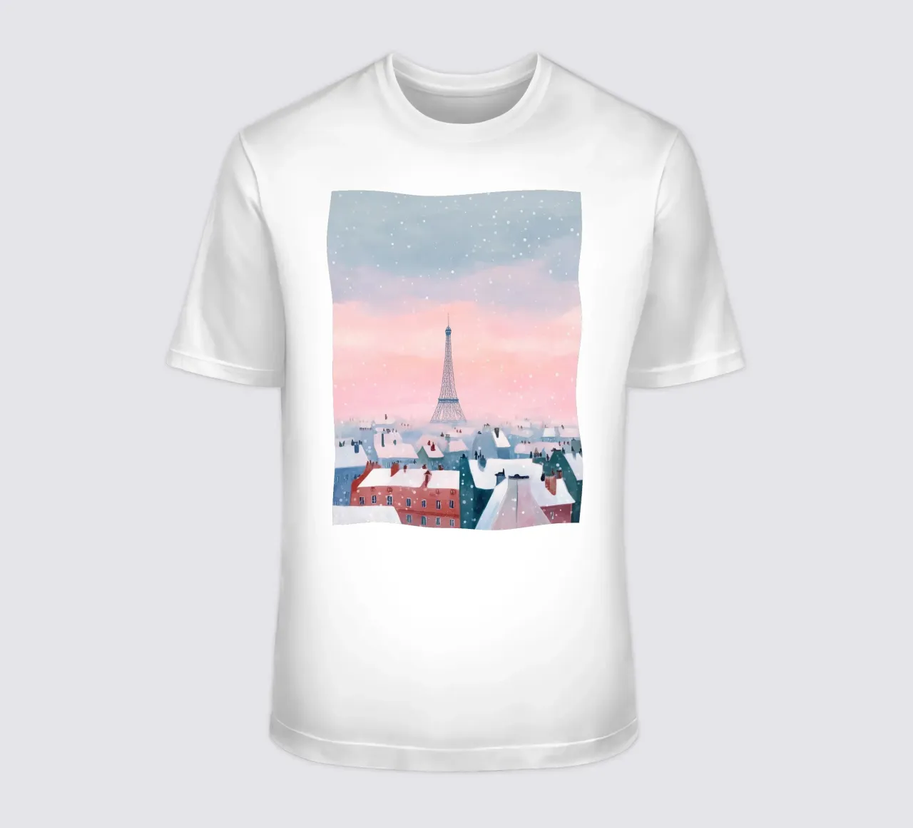 L'inverno a Parigi I tetti innevati e il bagliore della Torre Eiffel t-shirt da Holiday Hearth Prints