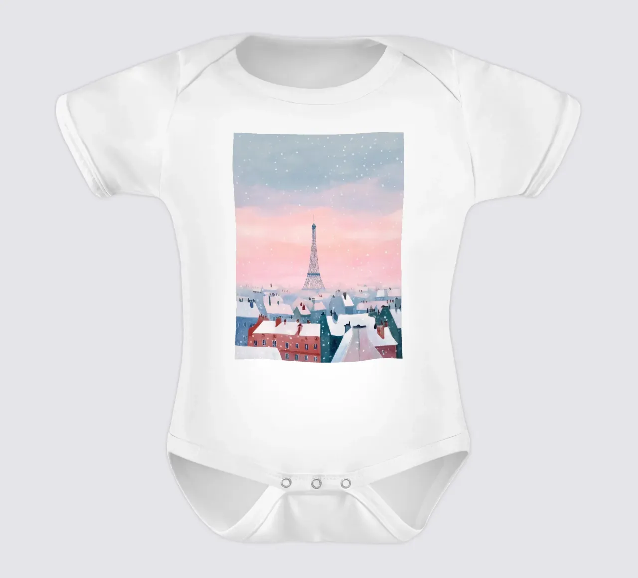 L'inverno a Parigi I tetti innevati e il bagliore della Torre Eiffel body neonato maniche corte da Holiday Hearth Prints
