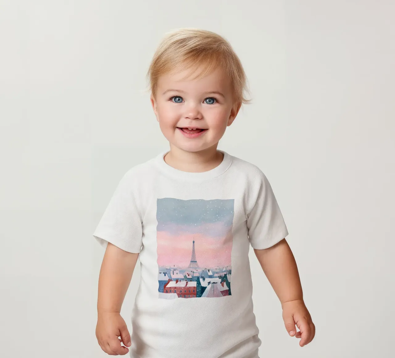 L'inverno a Parigi I tetti innevati e il bagliore della Torre Eiffel maglietta neonato da Holiday Hearth Prints