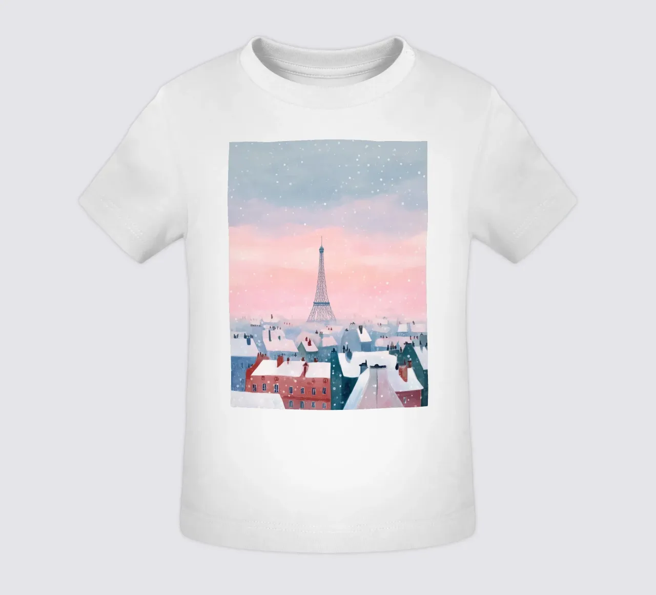 L'inverno a Parigi I tetti innevati e il bagliore della Torre Eiffel maglietta neonato da Holiday Hearth Prints
