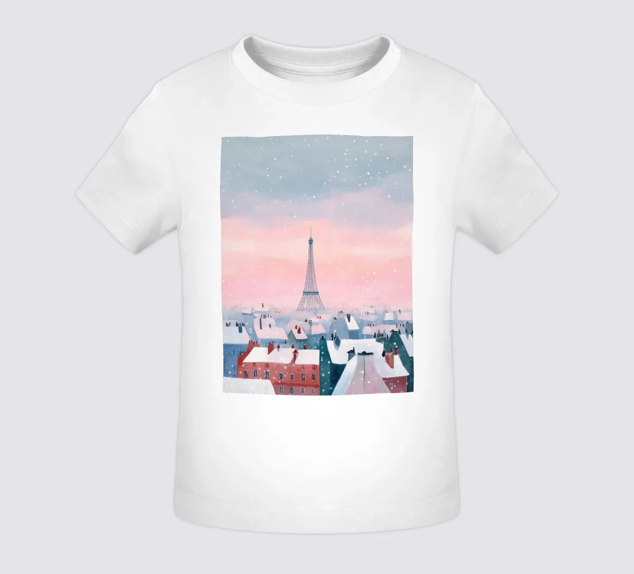 L'inverno a Parigi I tetti innevati e il bagliore della Torre Eiffel maglietta neonato da Holiday Hearth Prints