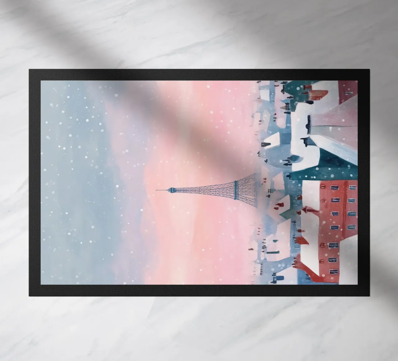L'inverno a Parigi I tetti innevati e il bagliore della Torre Eiffel zerbino da Holiday Hearth Prints