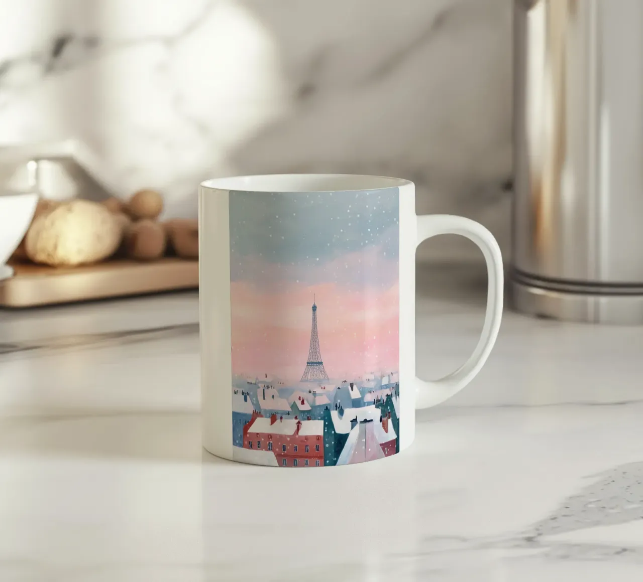 L'inverno a Parigi I tetti innevati e il bagliore della Torre Eiffel tazza in ceramica da Holiday Hearth Prints
