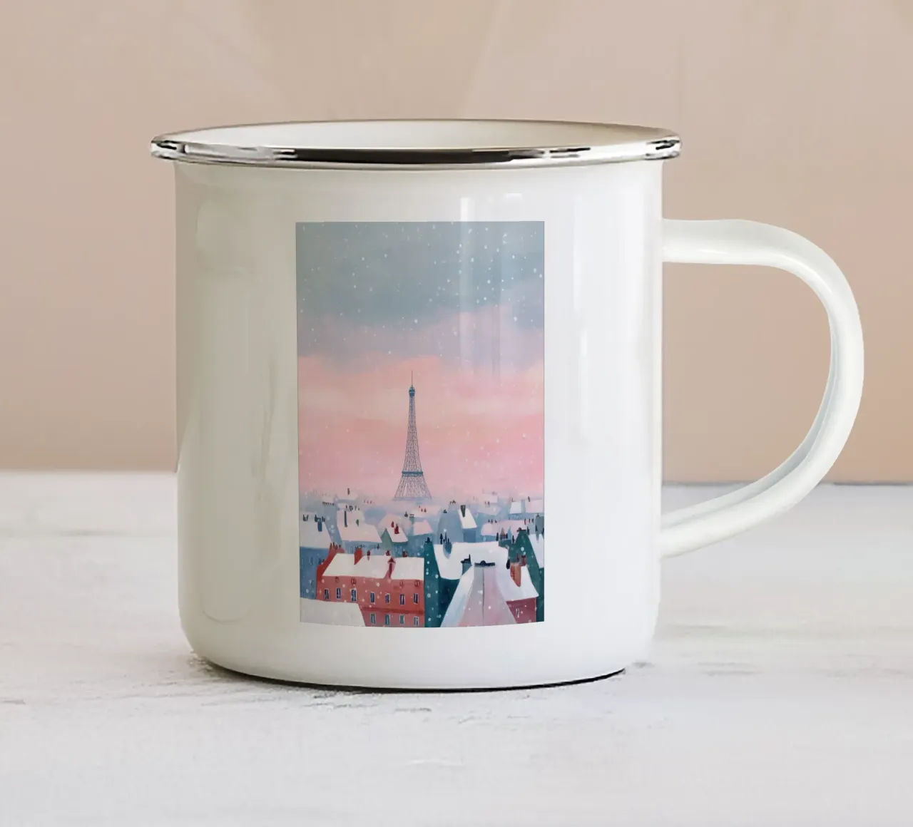 L'inverno a Parigi I tetti innevati e il bagliore della Torre Eiffel tazza in smalto da Holiday Hearth Prints