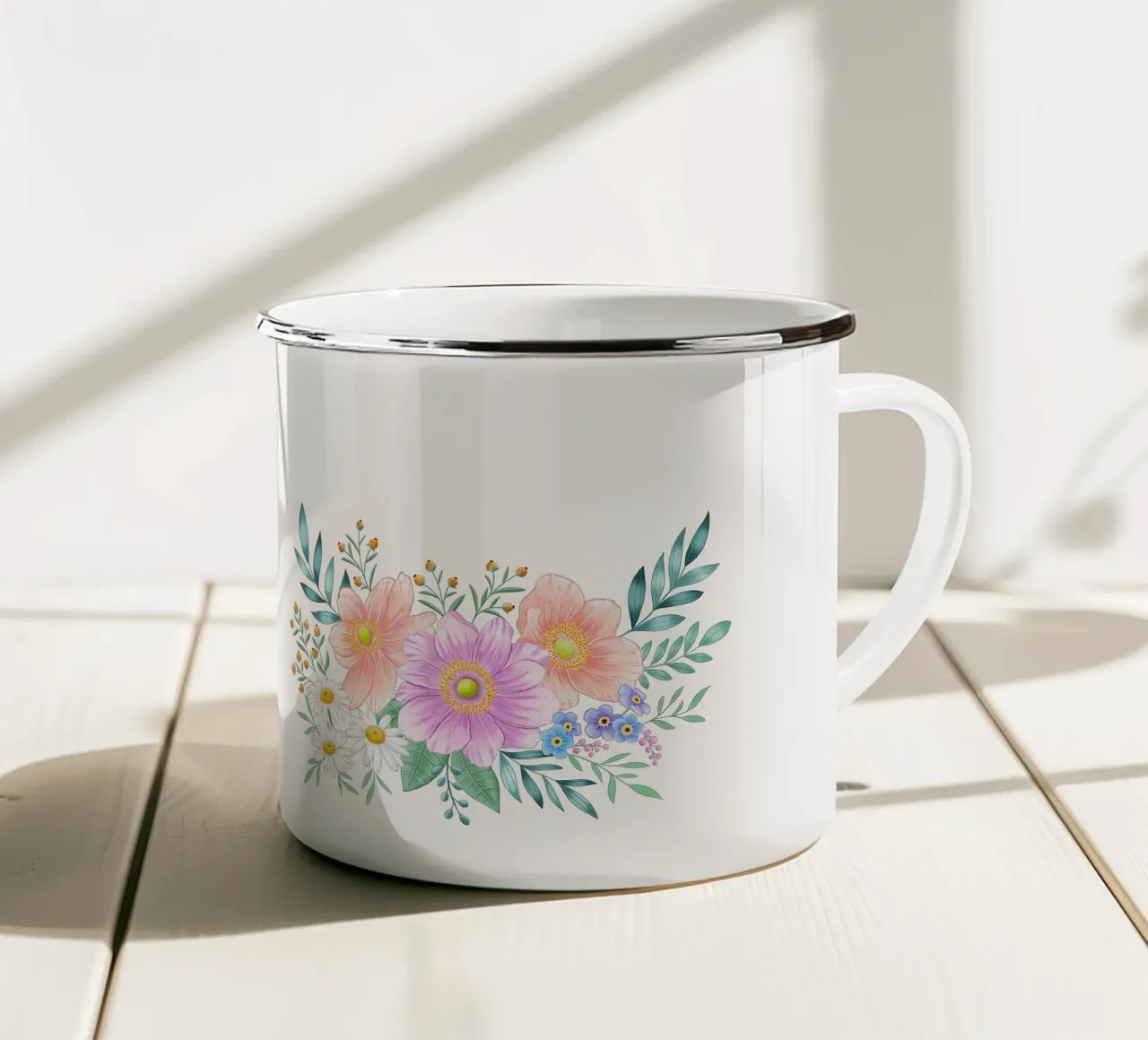 Flower frame with spring flair. Space for your own text enamel mug by CalliLetters