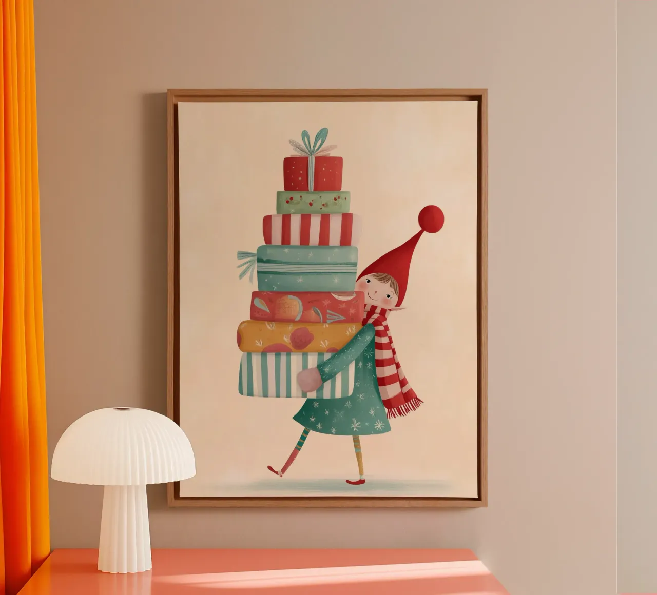 Cute Festive Elf Illustration with Christmas Presents canvas by Holiday Hearth Prints