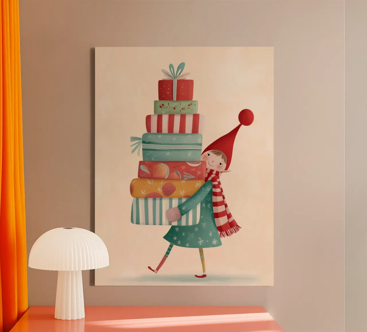 Cute Festive Elf Illustration with Christmas Presents canvas by Holiday Hearth Prints